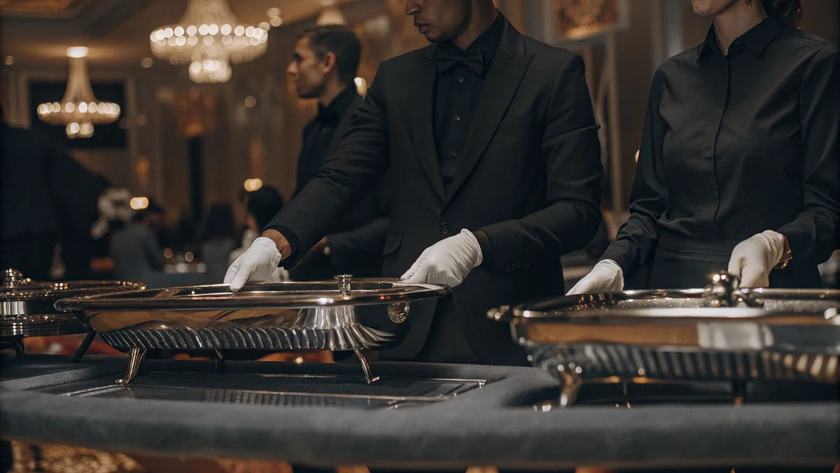Elegant catering setup at casino event with professional service staff