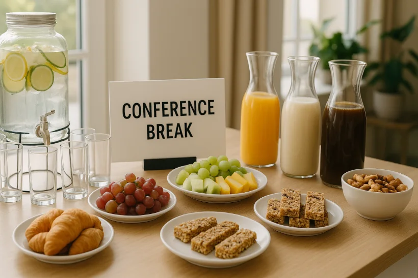 Attractive conference break station with fresh refreshments and snacks