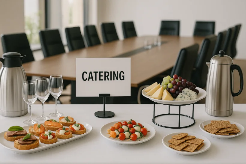 Professional catering setup for corporate boardroom meeting with elegant presentation