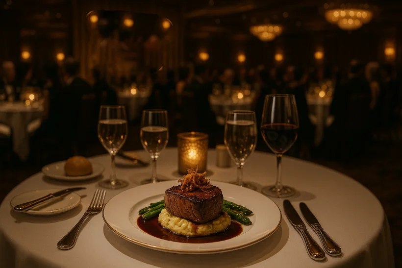 Professionally plated dinner service at upscale casino gala event