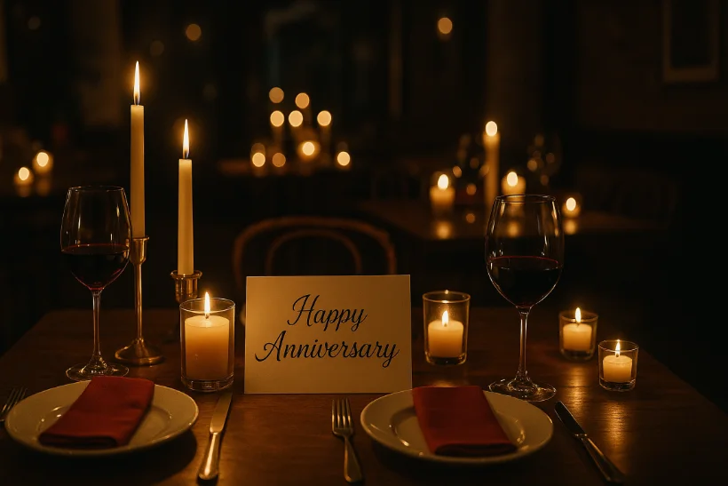 Romantic anniversary dinner table setting at Supper restaurant with candles