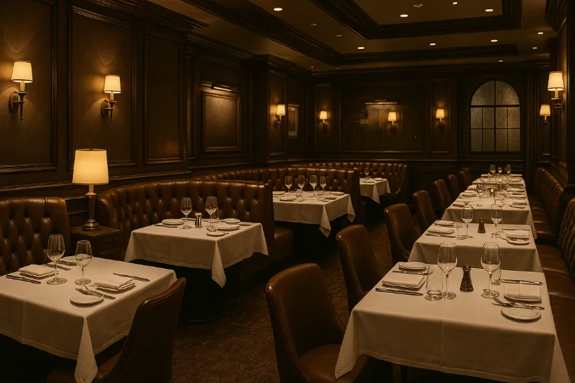Elegant interior of upscale casino steakhouse with leather seating and ambient lighting